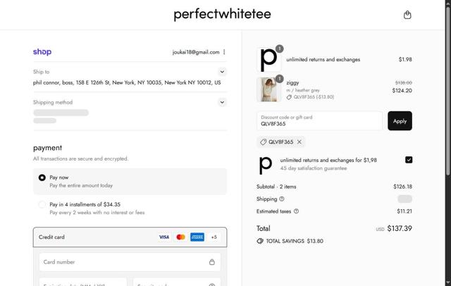 perfectwhitetee checkout page showing perfectwhitetee promo code box | Screenshot taken by SimplyCodes community member on Sep 11, 2025