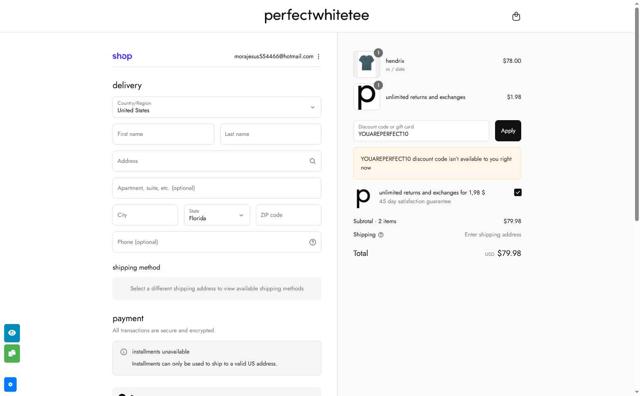 perfectwhitetee checkout page showing perfectwhitetee promo code box | Screenshot taken by SimplyCodes community member on Sep 9, 2025