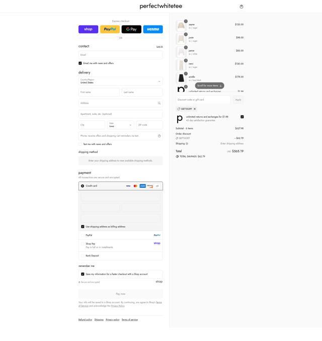 perfectwhitetee checkout page showing perfectwhitetee promo code box | Screenshot taken by SimplyCodes community member on Sep 8, 2025