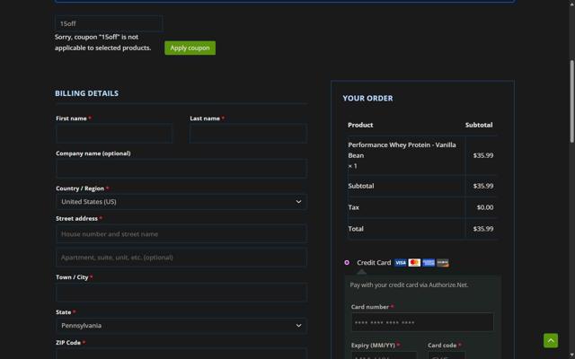 Performance Inspired checkout page showing Performance Inspired coupon code box | Screenshot taken by SimplyCodes community member on Aug 27, 2025