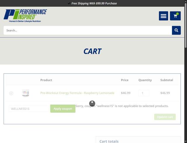 Performance Inspired checkout page showing Performance Inspired coupon code box | Screenshot taken by SimplyCodes community member on Aug 15, 2025