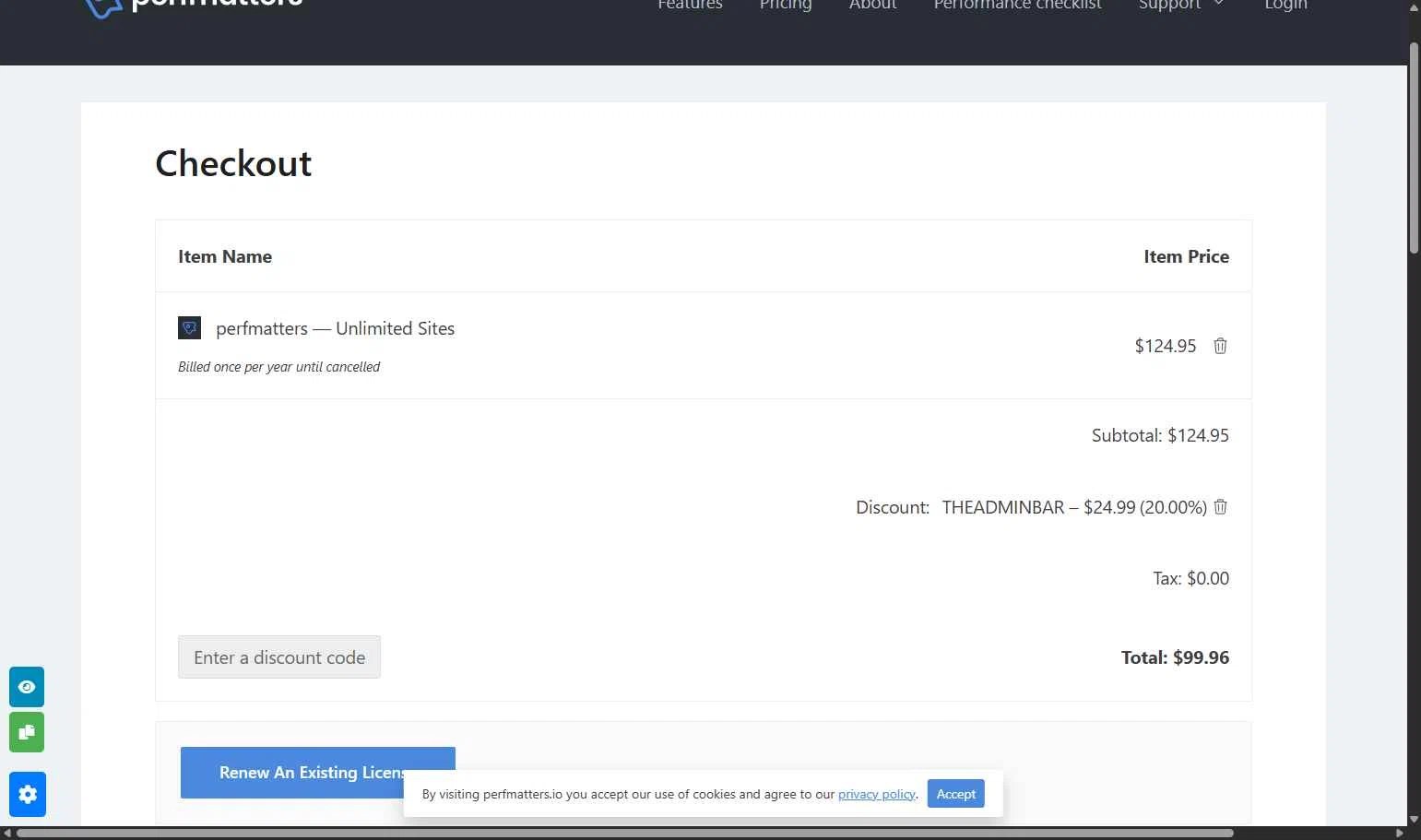 Perfmatters checkout page showing Perfmatters discount code box | Screenshot taken by SimplyCodes community member on Jan 9, 2026