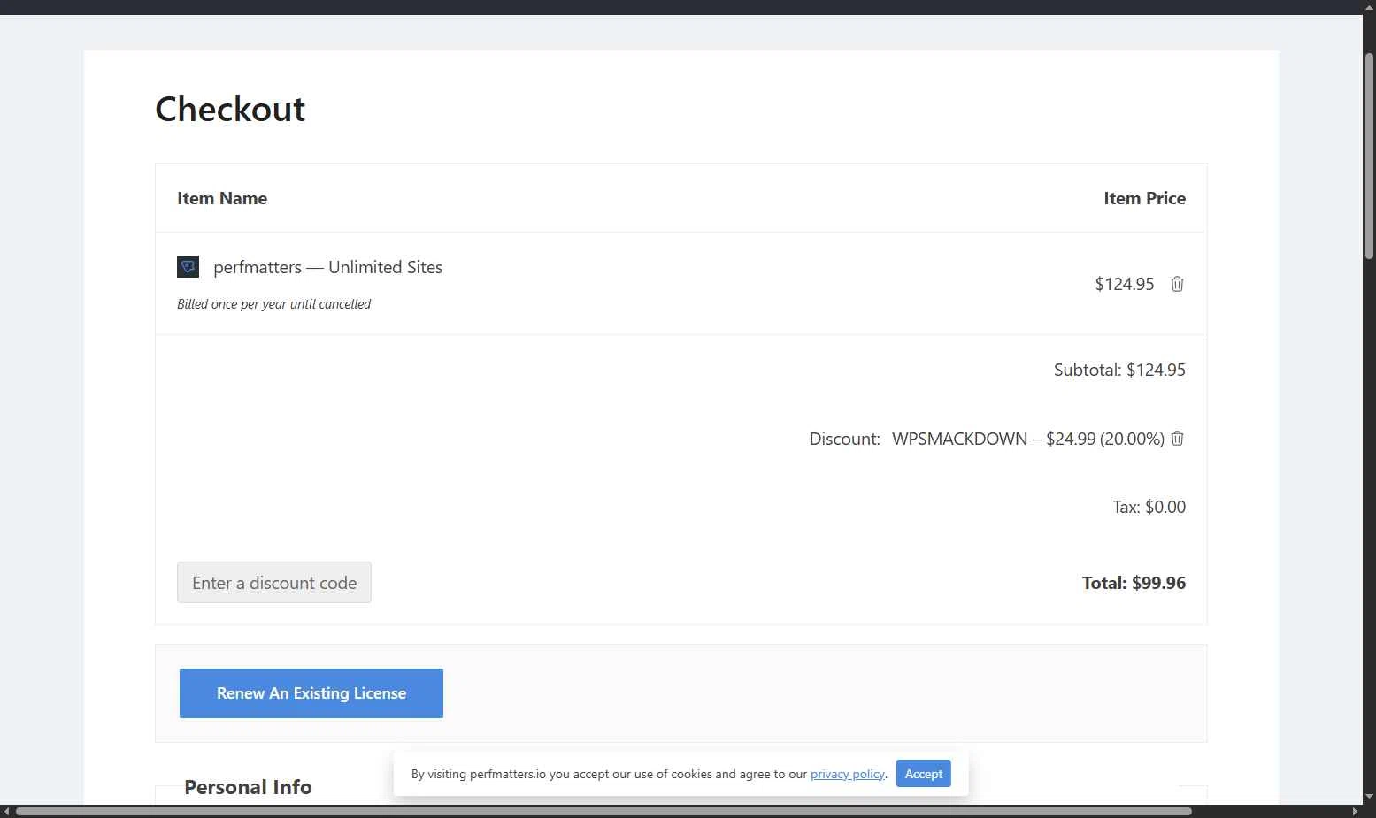 Perfmatters checkout page showing Perfmatters discount code box | Screenshot taken by SimplyCodes community member on Jan 16, 2026