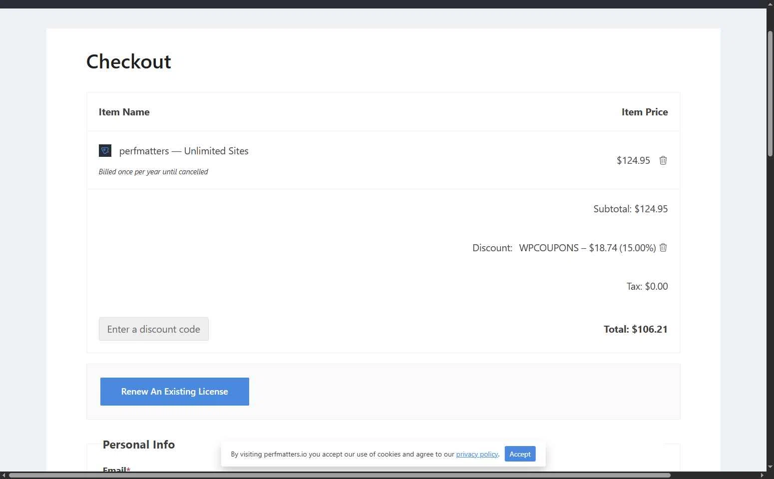 Perfmatters checkout page showing Perfmatters discount code box | Screenshot taken by SimplyCodes community member on Feb 2, 2026
