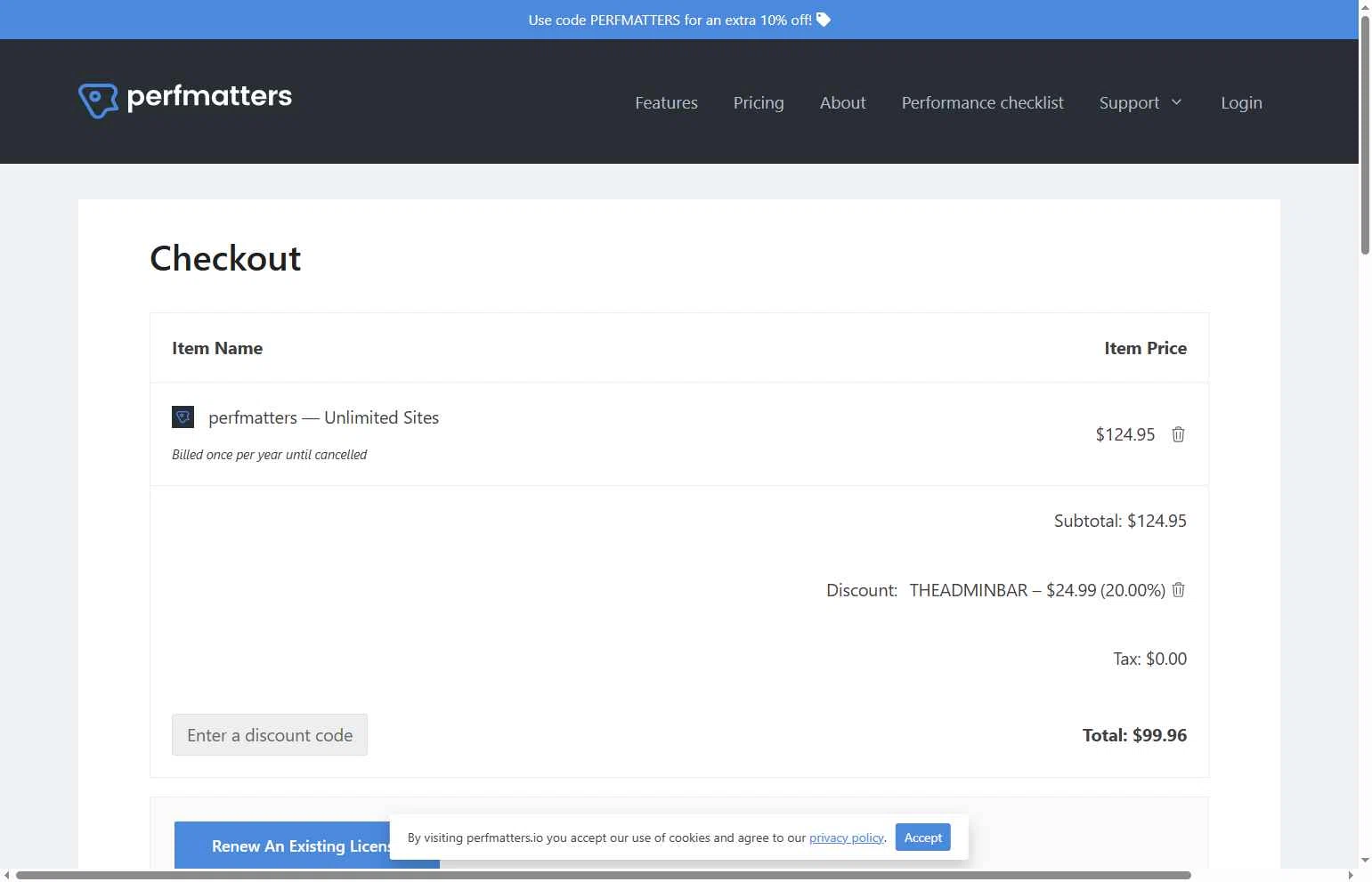 Perfmatters checkout page showing Perfmatters discount code box | Screenshot taken by SimplyCodes community member on Feb 7, 2026