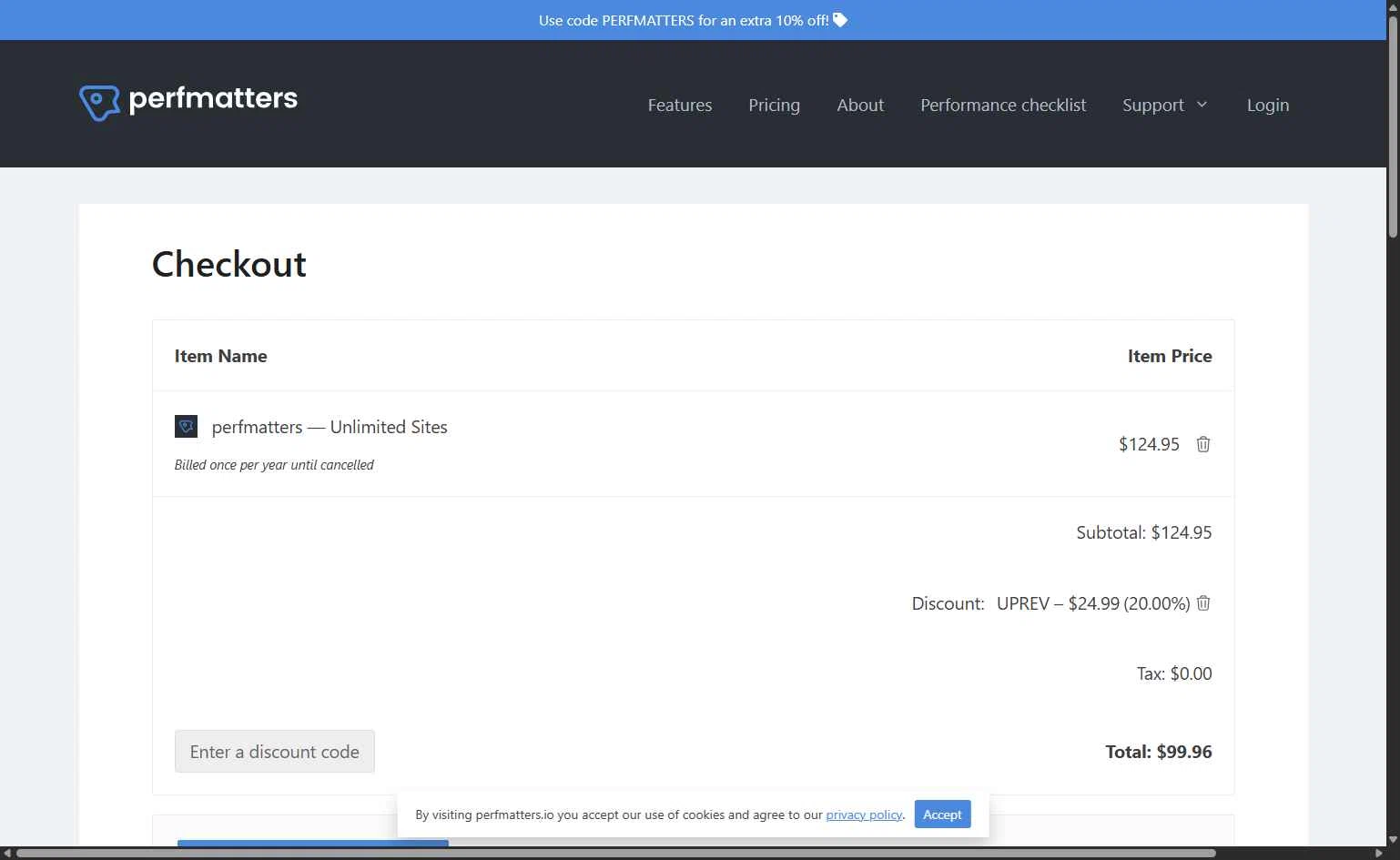 Perfmatters checkout page showing Perfmatters discount code box | Screenshot taken by SimplyCodes community member on Jan 16, 2026