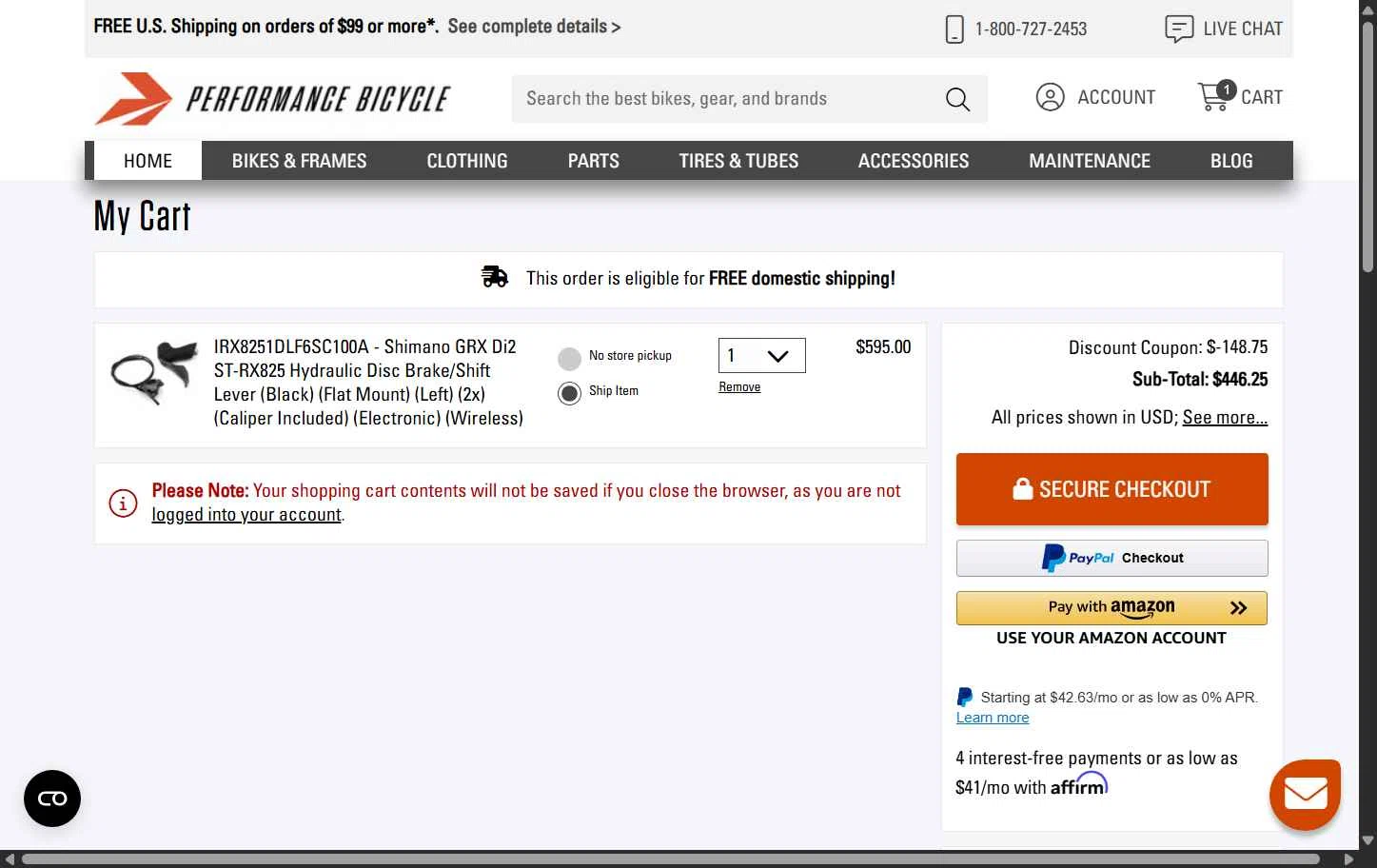 Performance Bicycle checkout page showing Performance Bicycle coupon code box | Screenshot taken by SimplyCodes community member on Nov 25, 2025
