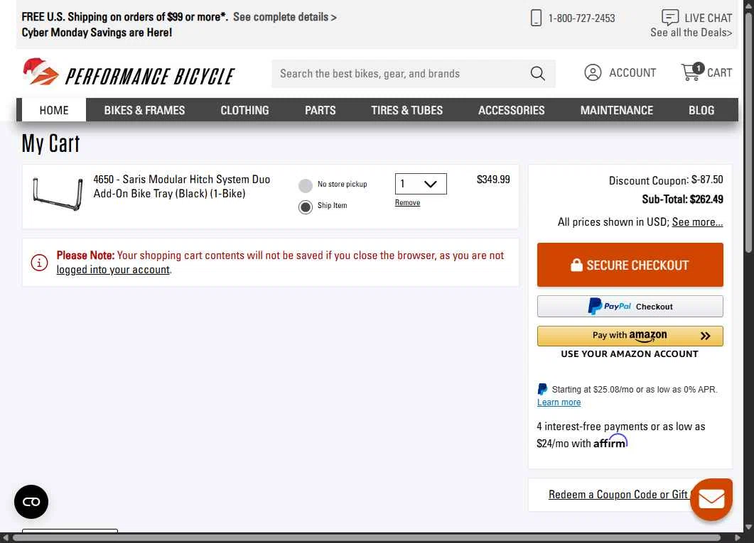 Performance Bicycle checkout page showing Performance Bicycle coupon code box | Screenshot taken by SimplyCodes community member on Dec 1, 2025