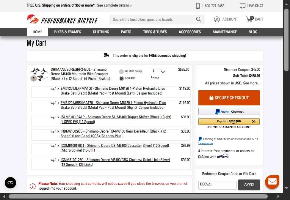 Performance Bicycle checkout page showing Performance Bicycle coupon code box | Screenshot taken by SimplyCodes community member on Dec 12, 2025