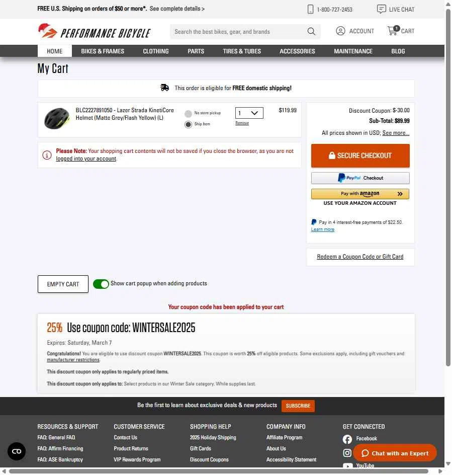 Performance Bicycle checkout page showing Performance Bicycle coupon code box | Screenshot taken by SimplyCodes community member on Dec 22, 2025