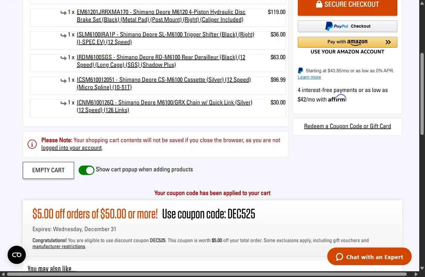 Performance Bicycle checkout page showing Performance Bicycle coupon code box | Screenshot taken by SimplyCodes community member on Dec 26, 2025