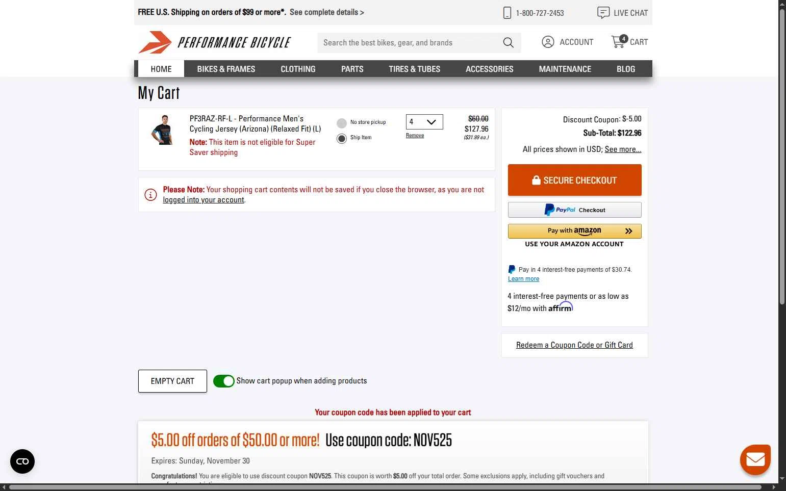 Performance Bicycle checkout page showing Performance Bicycle coupon code box | Screenshot taken by SimplyCodes community member on Nov 27, 2025
