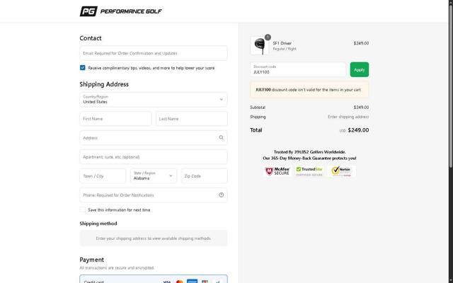 Performance Golf checkout page showing Performance Golf discount code box | Screenshot taken by SimplyCodes community member on Jul 19, 2025