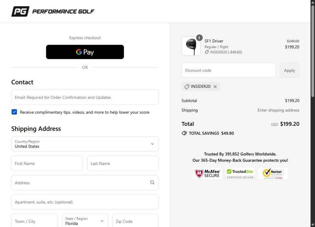 Performance Golf checkout page showing Performance Golf discount code box | Screenshot taken by SimplyCodes community member on Sep 13, 2025