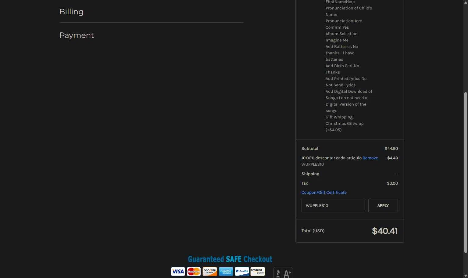 Personalized Friendly Songs checkout page showing Personalized Friendly Songs coupon code box | Screenshot taken by SimplyCodes community member on Nov 13, 2025
