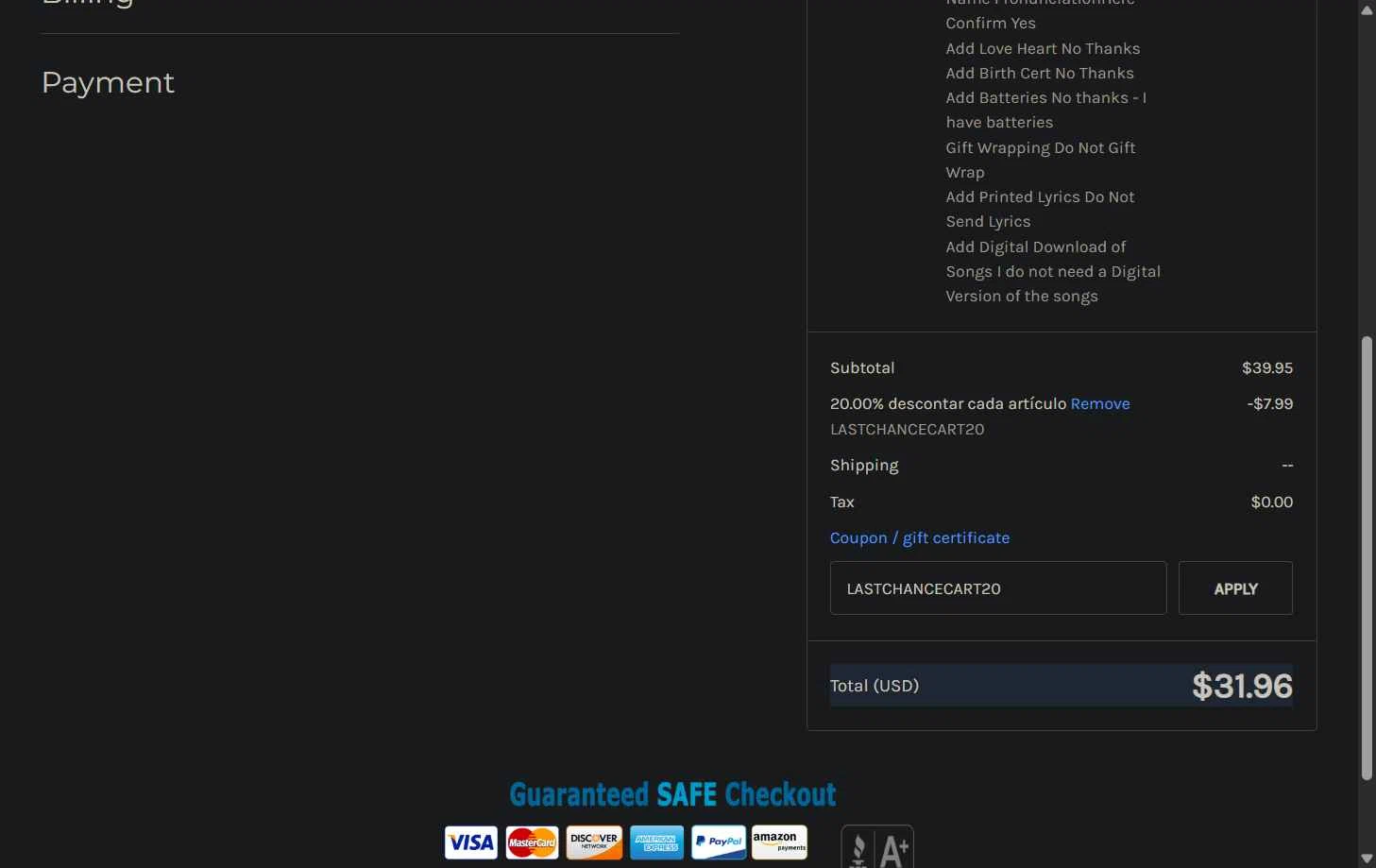 Personalized Friendly Songs checkout page showing Personalized Friendly Songs coupon code box | Screenshot taken by SimplyCodes community member on Dec 9, 2025