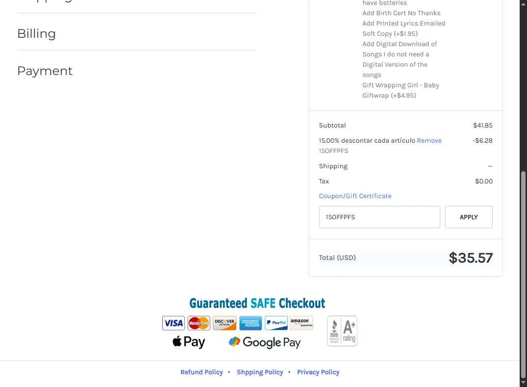 Personalized Friendly Songs checkout page showing Personalized Friendly Songs coupon code box | Screenshot taken by SimplyCodes community member on Oct 1, 2025