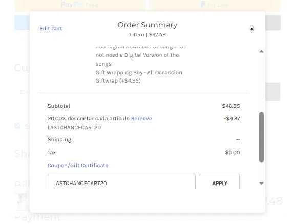 Personalized Friendly Songs checkout page showing Personalized Friendly Songs coupon code box | Screenshot taken by SimplyCodes community member on Oct 1, 2025