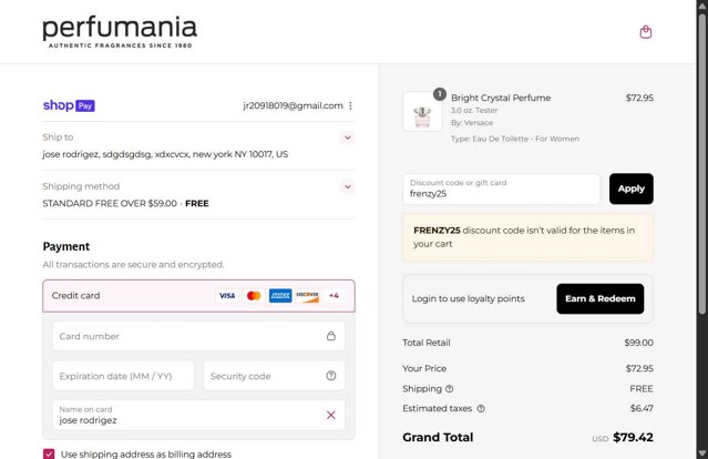 Perfumania checkout page showing Perfumania coupon code box | Screenshot taken by SimplyCodes community member on Aug 15, 2025