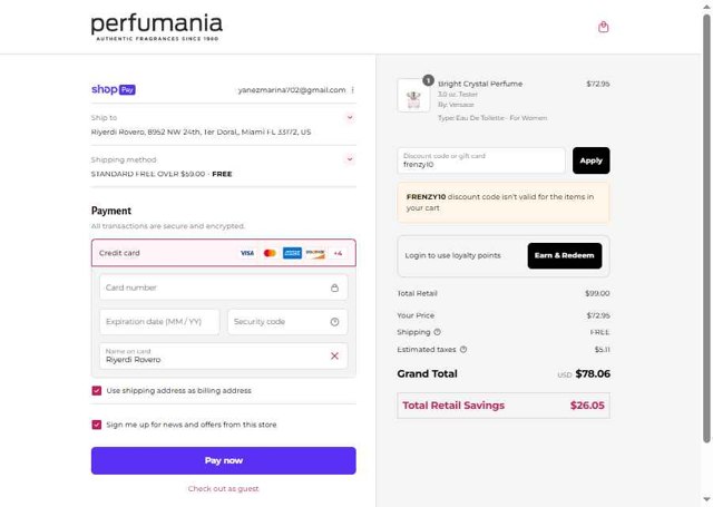 Perfumania checkout page showing Perfumania coupon code box | Screenshot taken by SimplyCodes community member on Aug 15, 2025