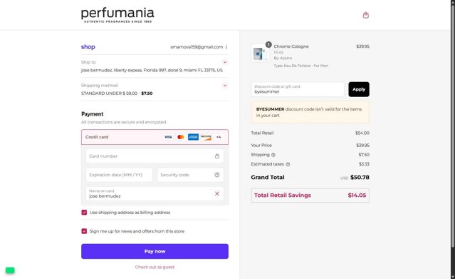 Perfumania checkout page showing Perfumania coupon code box | Screenshot taken by SimplyCodes community member on Sep 5, 2025