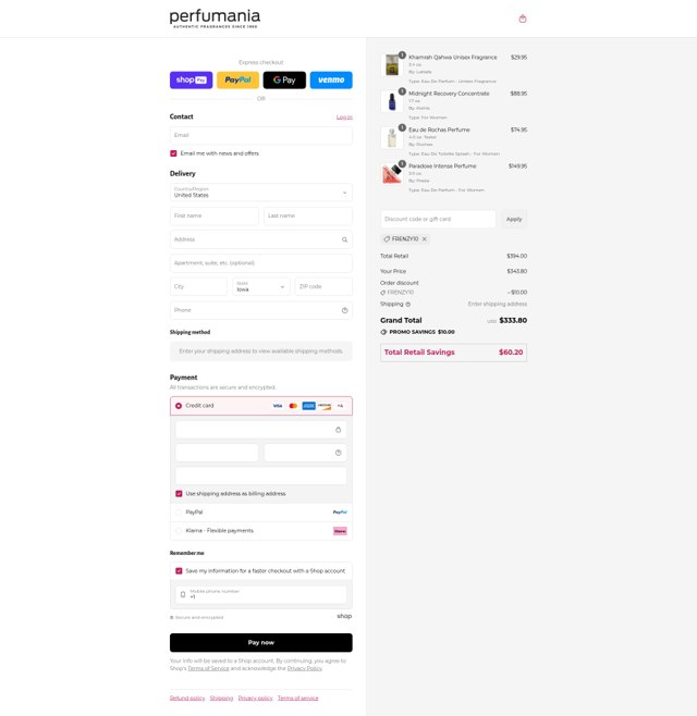 Perfumania checkout page showing Perfumania coupon code box | Screenshot taken by SimplyCodes community member on Aug 17, 2025