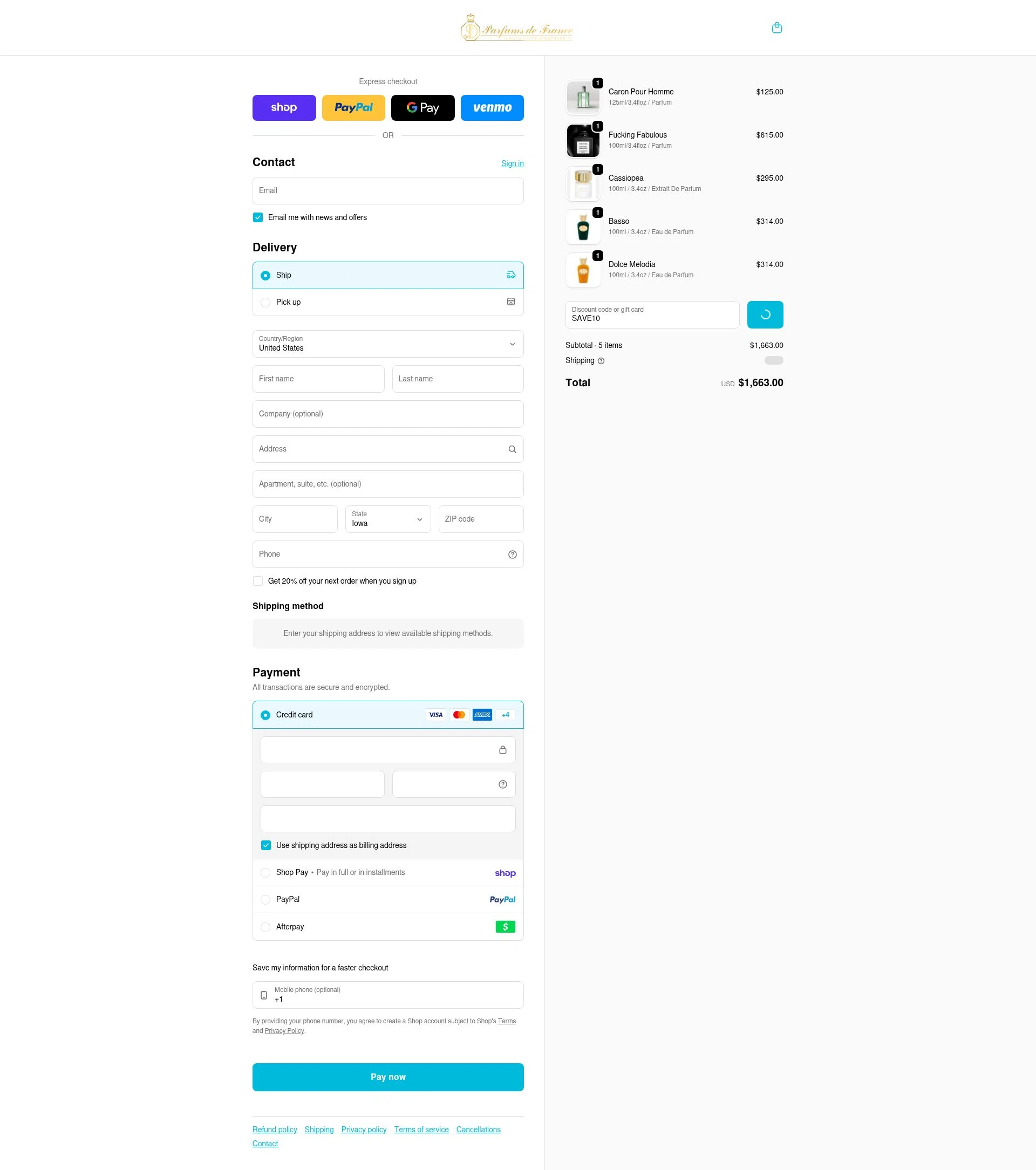 Parfums de France checkout page showing Parfums de France discount code box | Screenshot taken by SimplyCodes community member on Feb 25, 2026