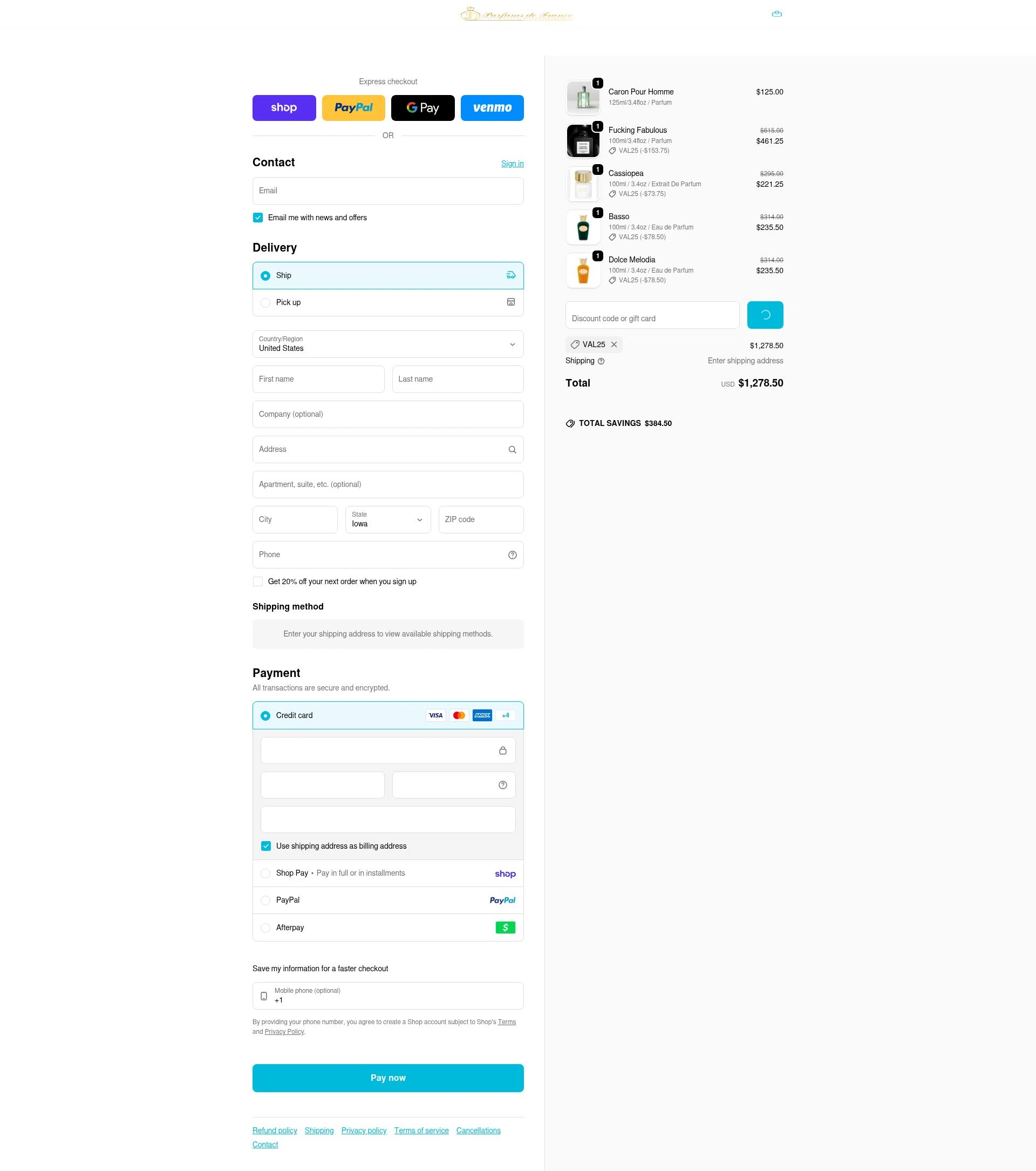 Parfums de France checkout page showing Parfums de France discount code box | Screenshot taken by SimplyCodes community member on Feb 25, 2026