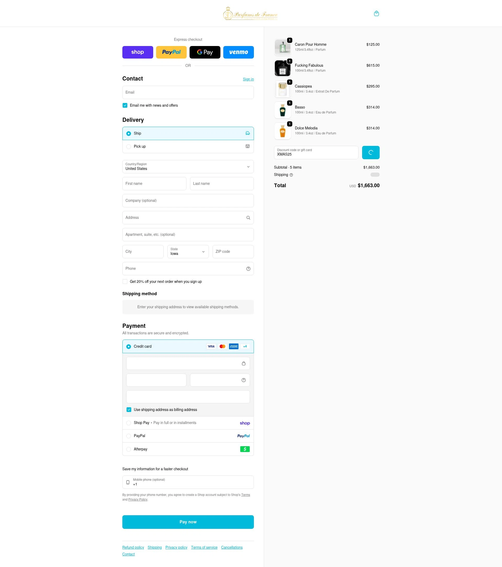 Parfums de France checkout page showing Parfums de France discount code box | Screenshot taken by SimplyCodes community member on Feb 25, 2026