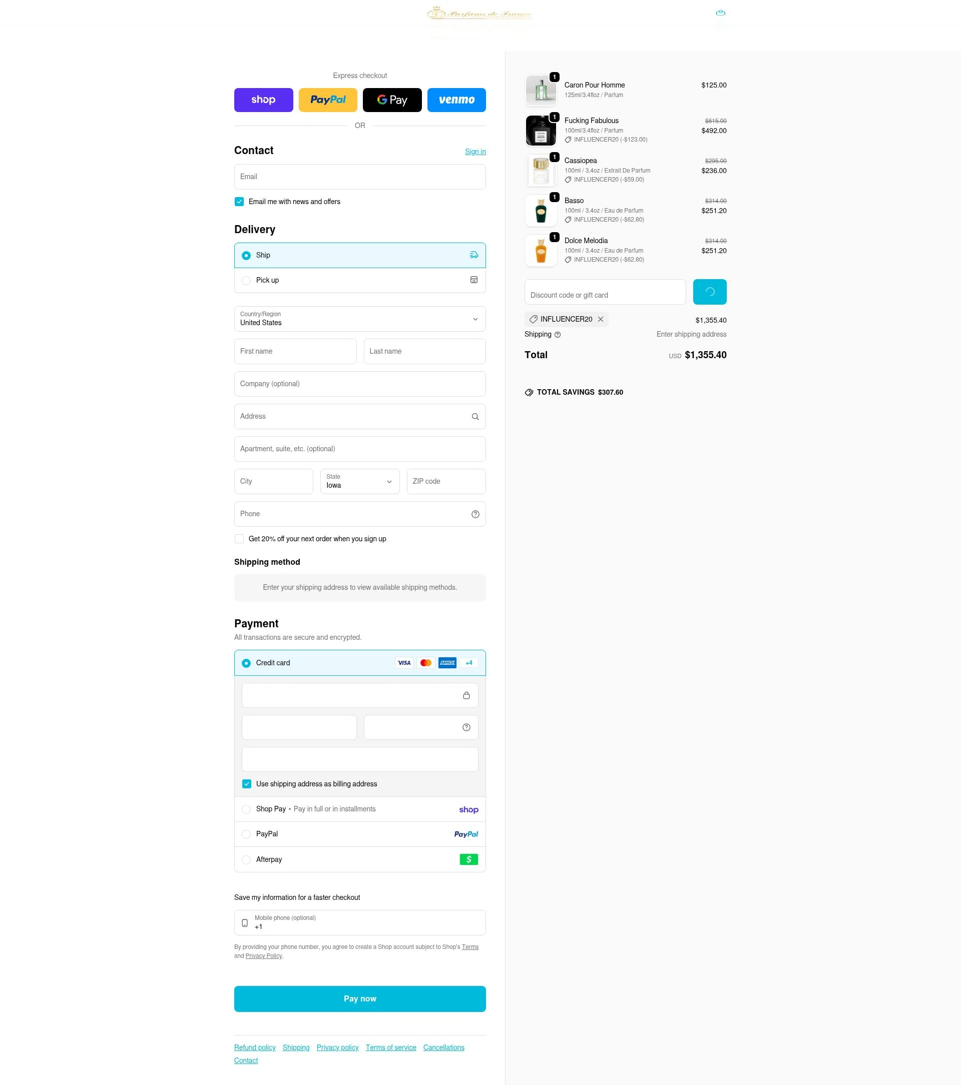 Parfums de France checkout page showing Parfums de France discount code box | Screenshot taken by SimplyCodes community member on Feb 25, 2026