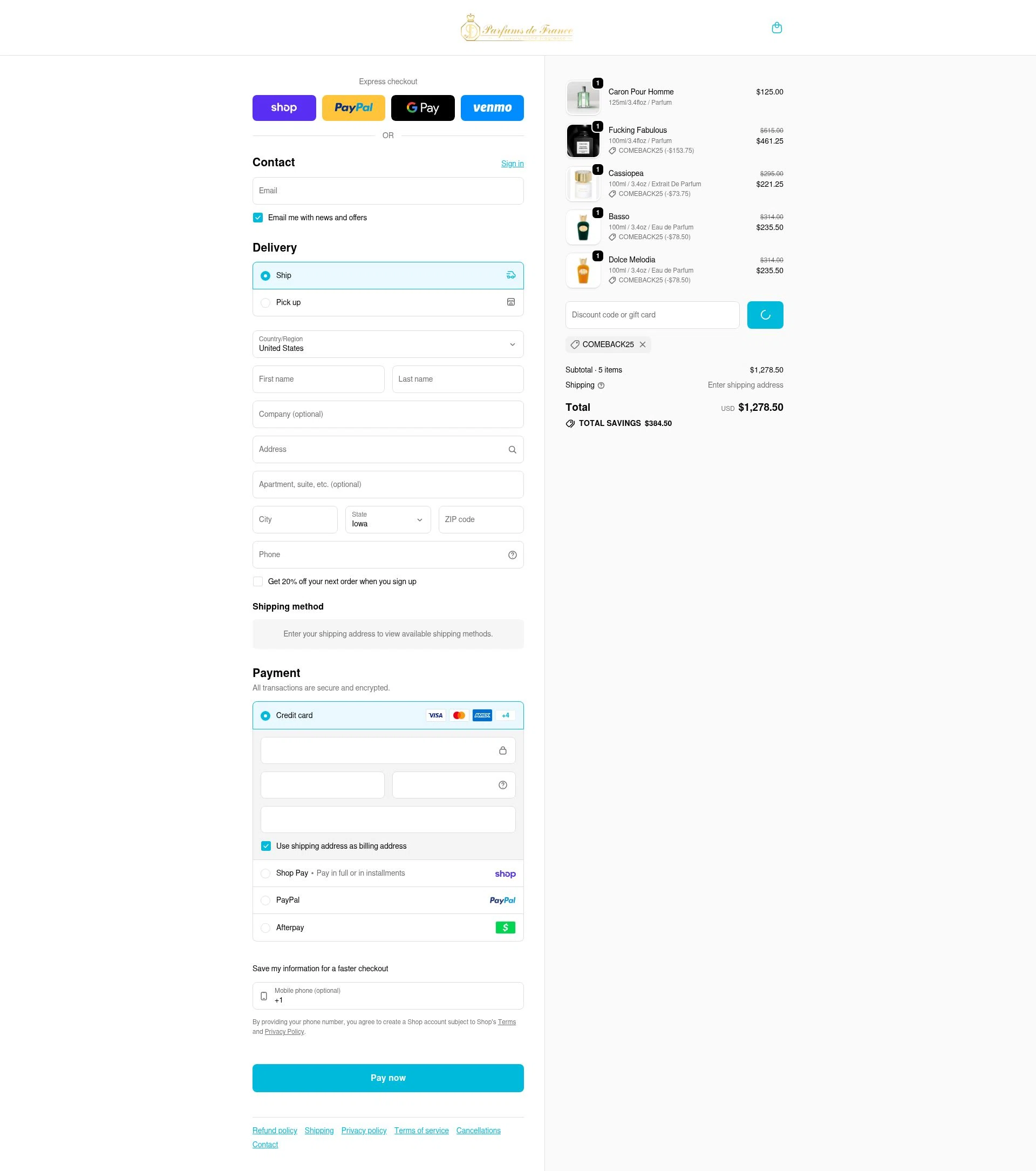 Parfums de France checkout page showing Parfums de France discount code box | Screenshot taken by SimplyCodes community member on Feb 25, 2026