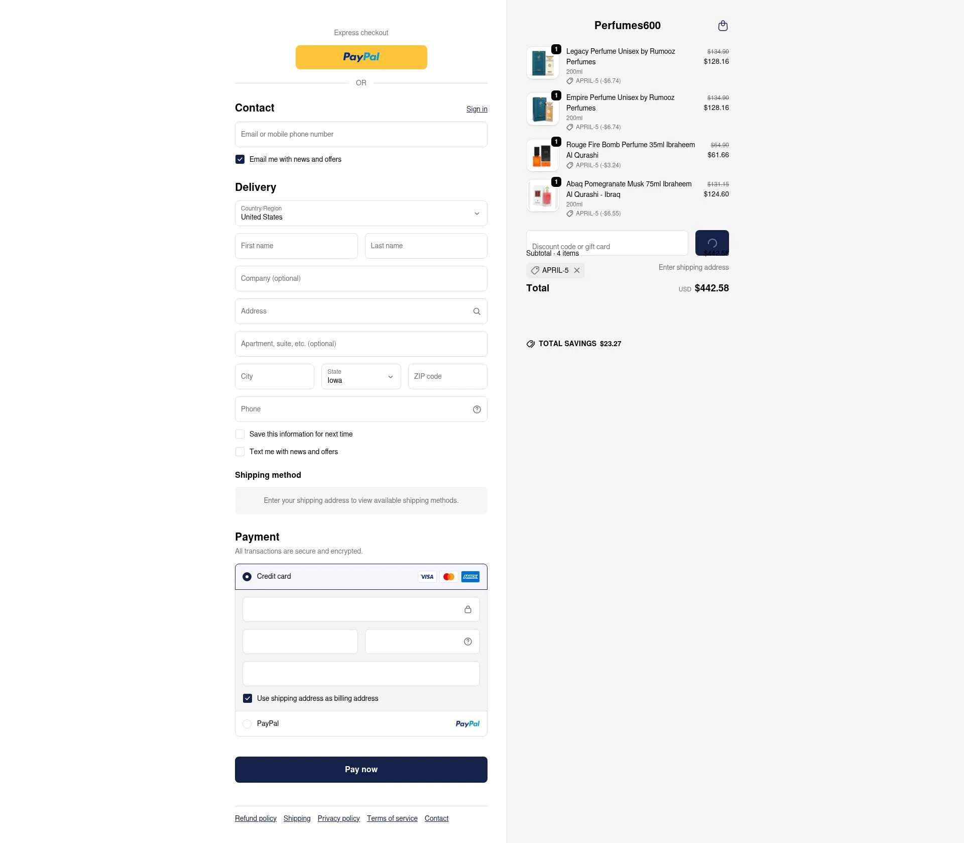 Perfumes600 checkout page showing Perfumes600 promo code box | Screenshot taken by SimplyCodes community member on Jan 26, 2026