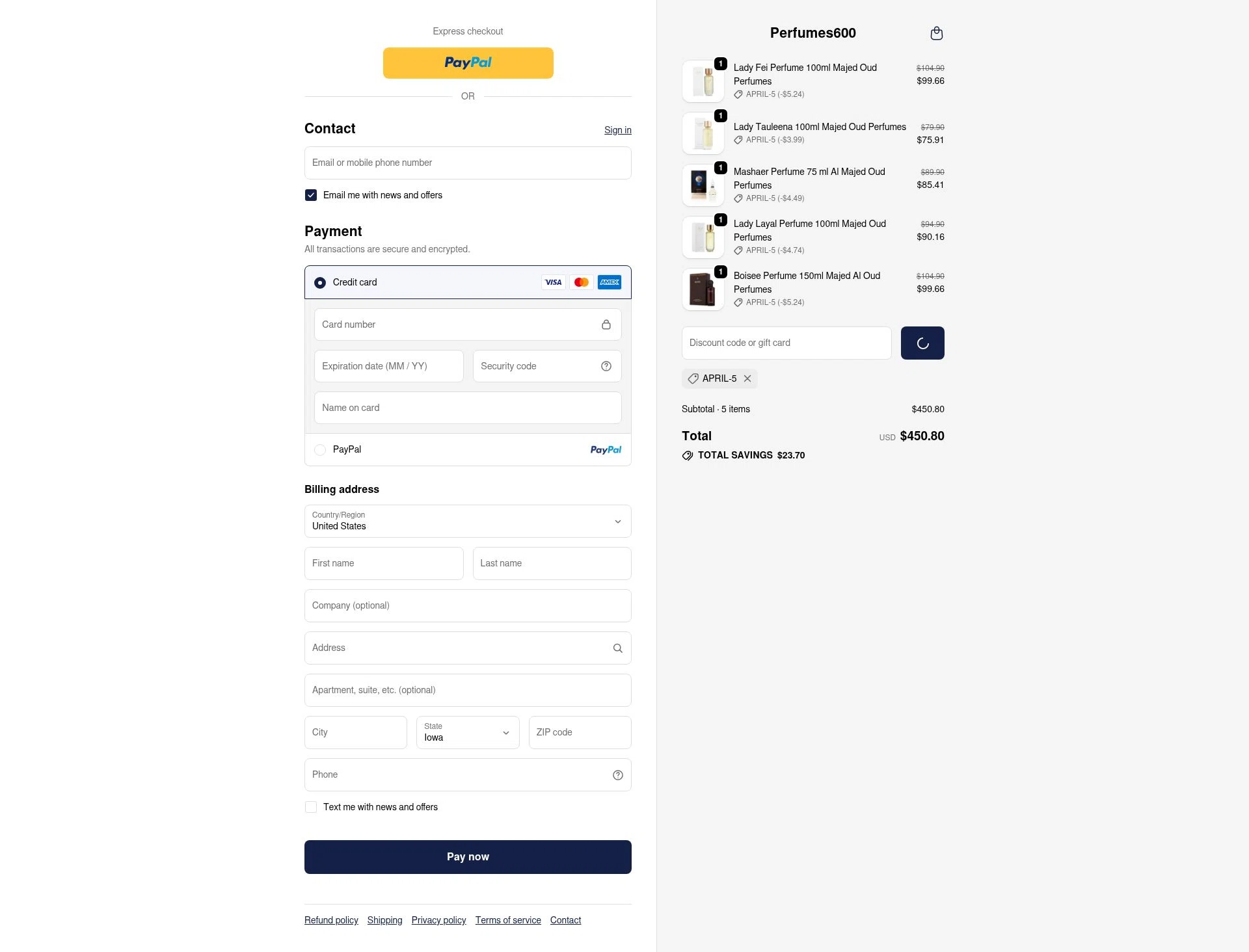 Perfumes600 checkout page showing Perfumes600 promo code box | Screenshot taken by SimplyCodes community member on Feb 4, 2026