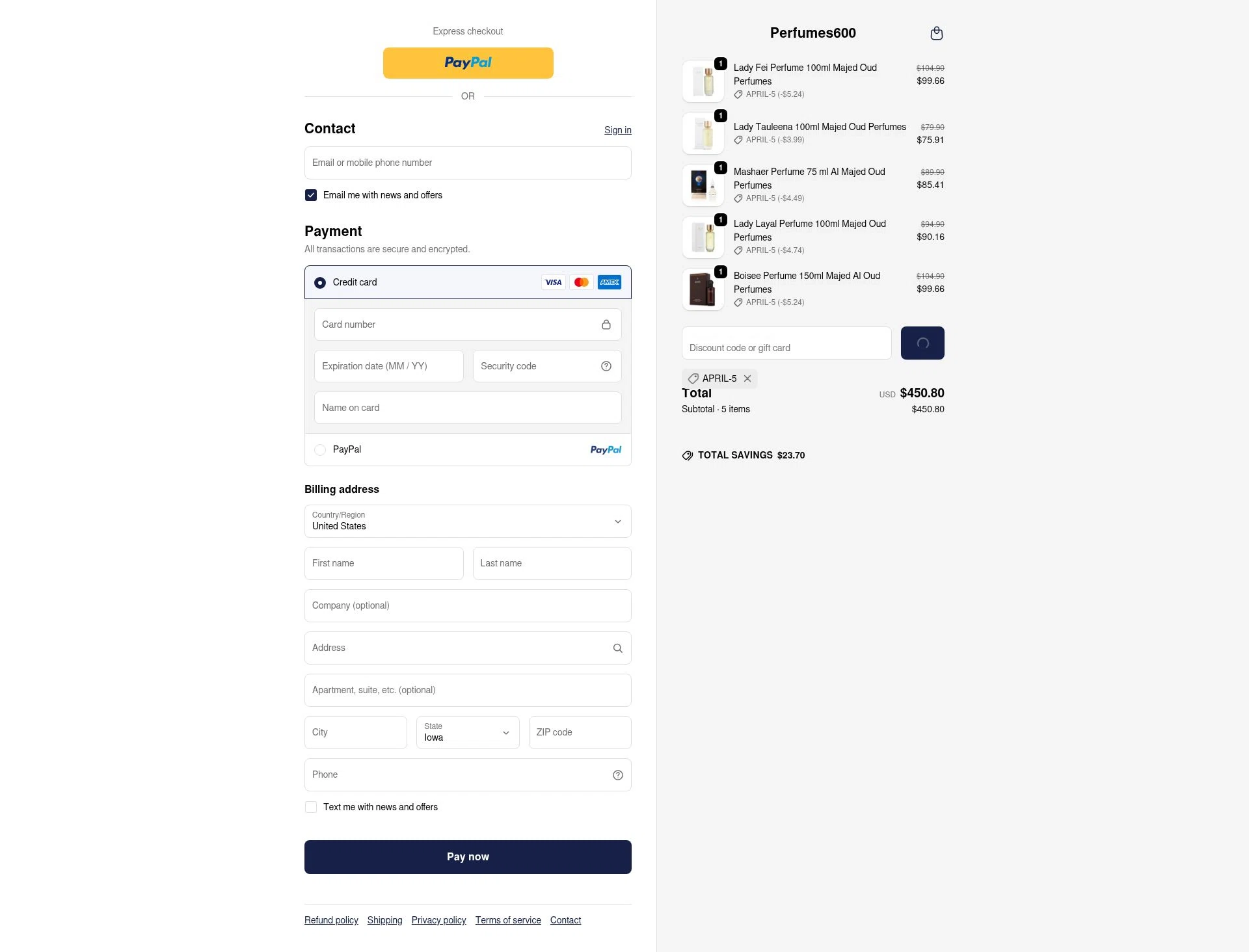 Perfumes600 checkout page showing Perfumes600 promo code box | Screenshot taken by SimplyCodes community member on Feb 17, 2026