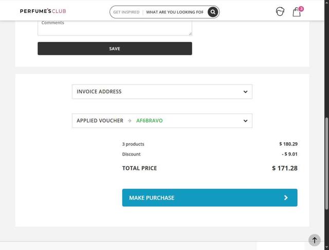 Perfumes Club US checkout page showing Perfumes Club US promo code box | Screenshot taken by SimplyCodes community member on Aug 20, 2025