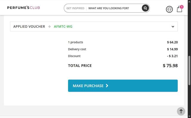 Perfumes Club US checkout page showing Perfumes Club US promo code box | Screenshot taken by SimplyCodes community member on Aug 18, 2025