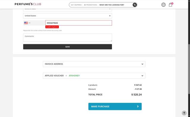 Perfumes Club US checkout page showing Perfumes Club US promo code box | Screenshot taken by SimplyCodes community member on Aug 18, 2025