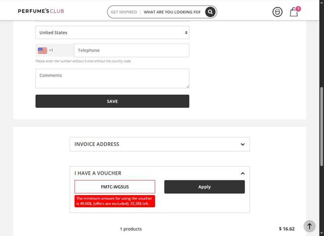 Perfumes Club US checkout page showing Perfumes Club US promo code box | Screenshot taken by SimplyCodes community member on Aug 20, 2025
