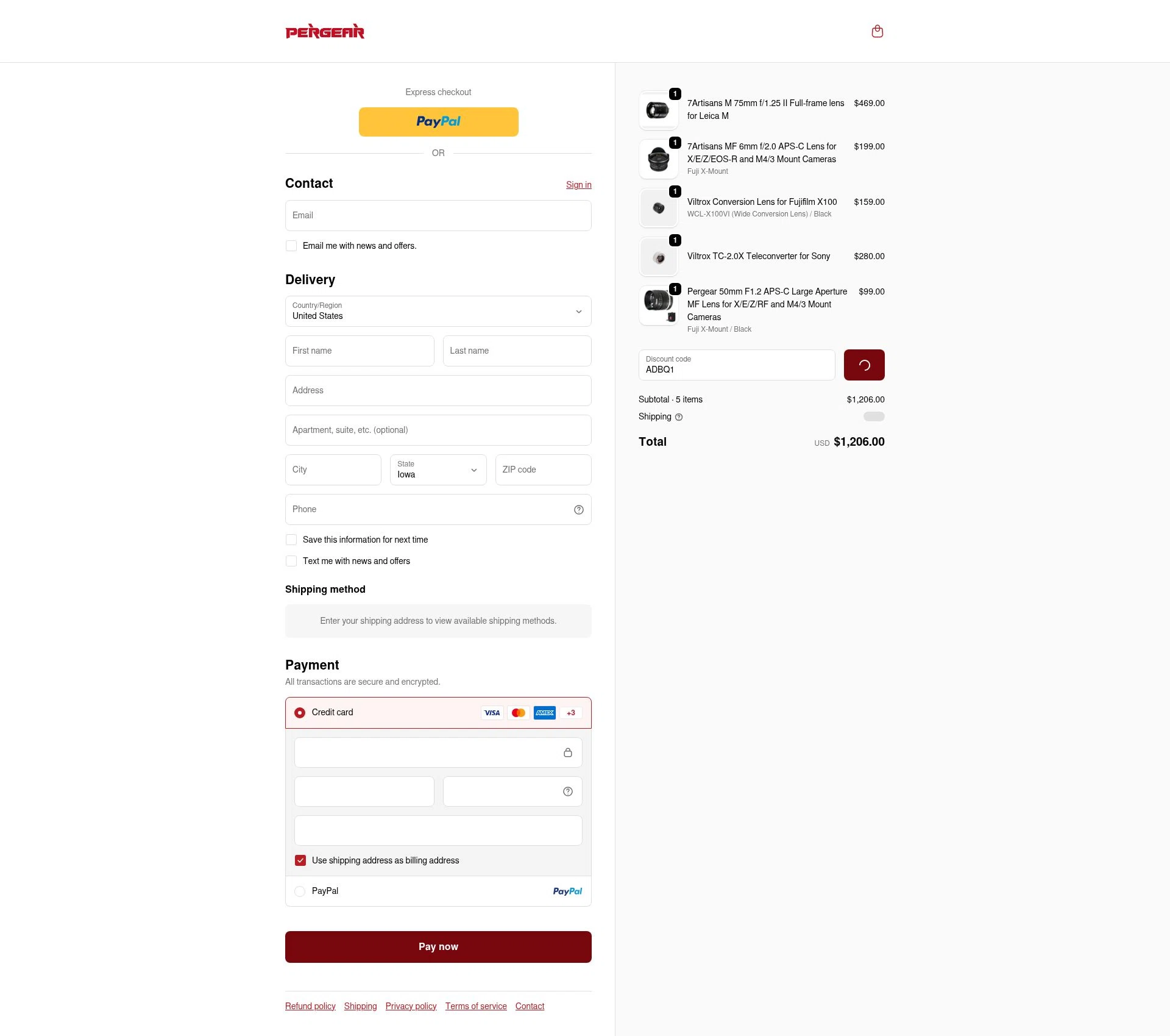 Pergear checkout page showing Pergear discount code box | Screenshot taken by SimplyCodes community member on Feb 11, 2026
