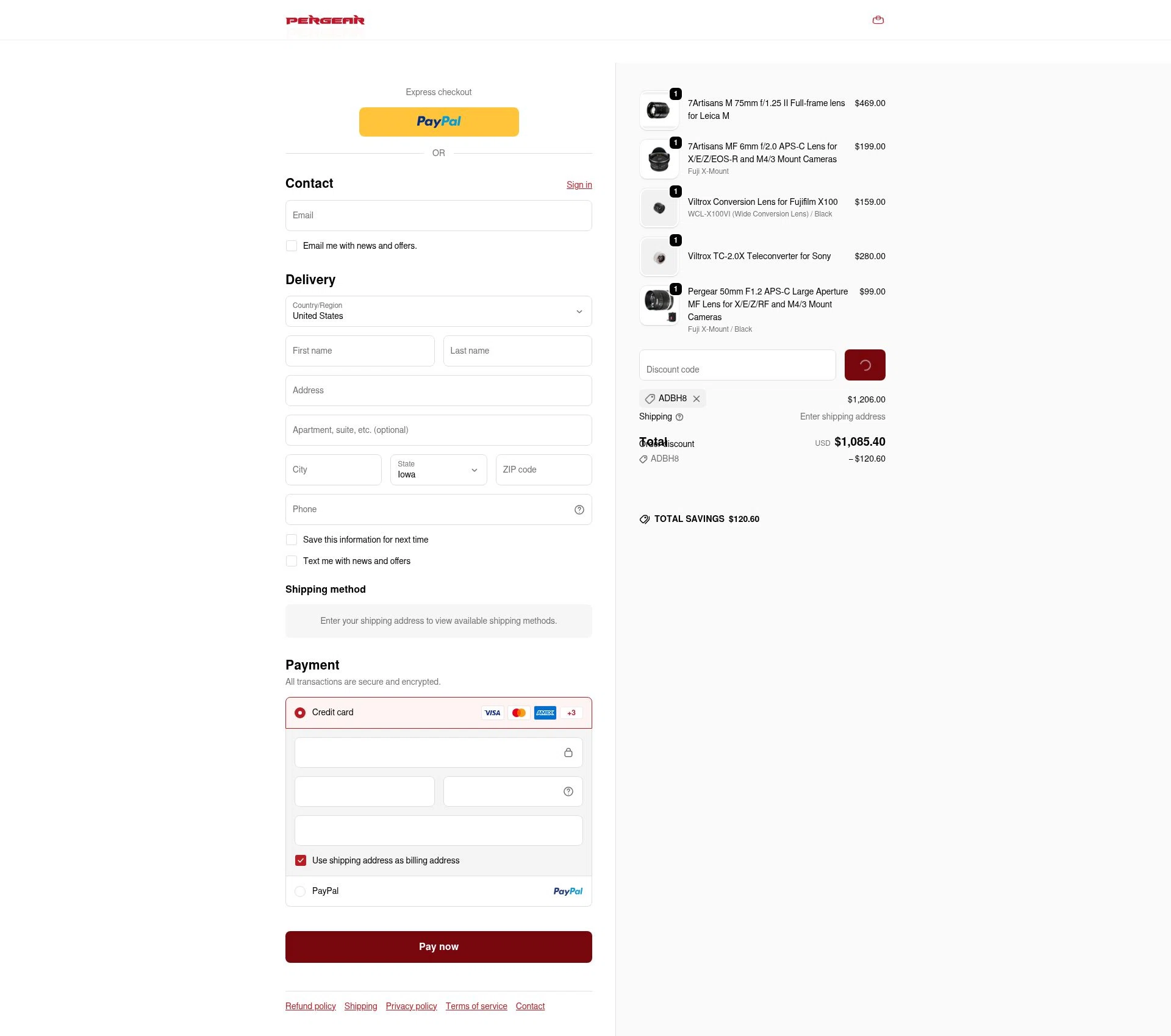 Pergear checkout page showing Pergear discount code box | Screenshot taken by SimplyCodes community member on Feb 11, 2026