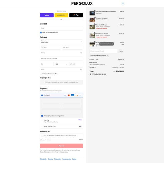 PERGOLUX checkout page showing PERGOLUX discount code box | Screenshot taken by SimplyCodes community member on Aug 31, 2025