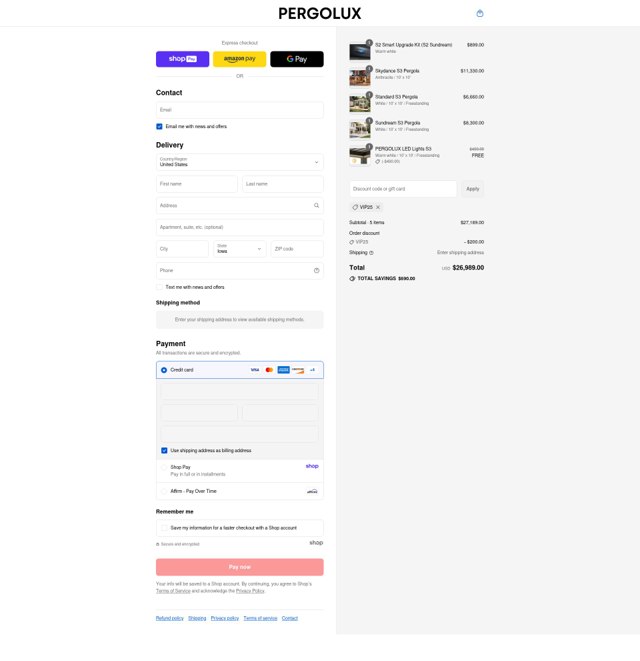 PERGOLUX checkout page showing PERGOLUX discount code box | Screenshot taken by SimplyCodes community member on Aug 27, 2025