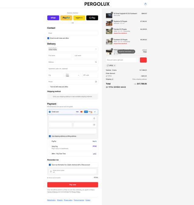 PERGOLUX checkout page showing PERGOLUX discount code box | Screenshot taken by SimplyCodes community member on Sep 4, 2025