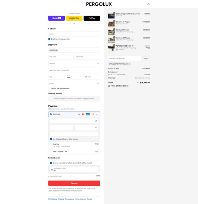 PERGOLUX checkout page showing PERGOLUX discount code box | Screenshot taken by SimplyCodes community member on Aug 27, 2025