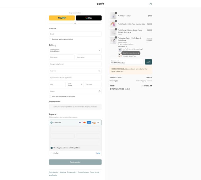 Perifit checkout page showing Perifit discount code box | Screenshot taken by SimplyCodes community member on Sep 2, 2025