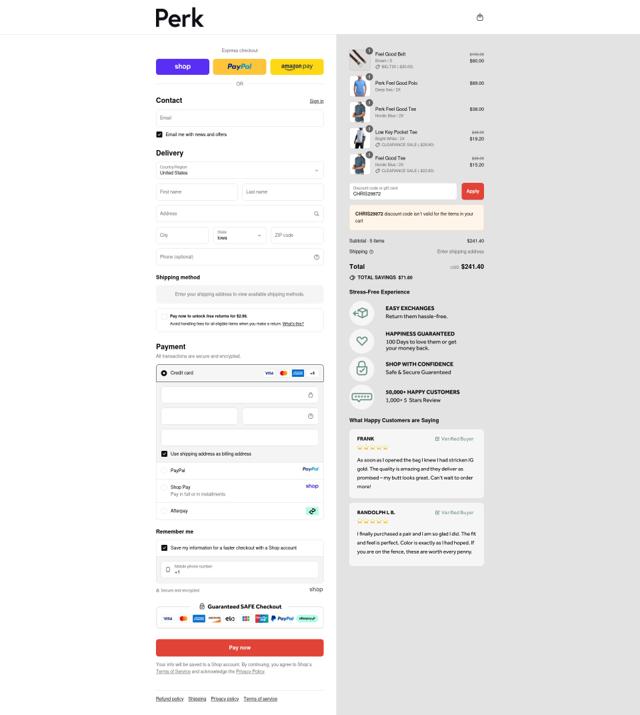 Perk Clothing checkout page showing Perk Clothing discount code box | Screenshot taken by SimplyCodes community member on Sep 11, 2025