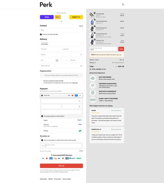 Perk Clothing checkout page showing Perk Clothing discount code box | Screenshot taken by SimplyCodes community member on Sep 11, 2025