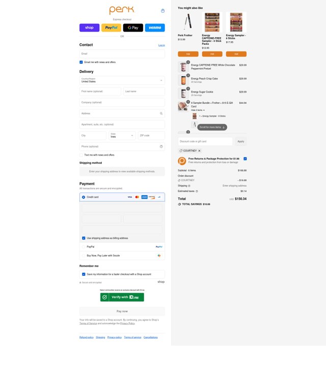 Perk Energy checkout page showing Perk Energy discount code box | Screenshot taken by SimplyCodes community member on Sep 7, 2025