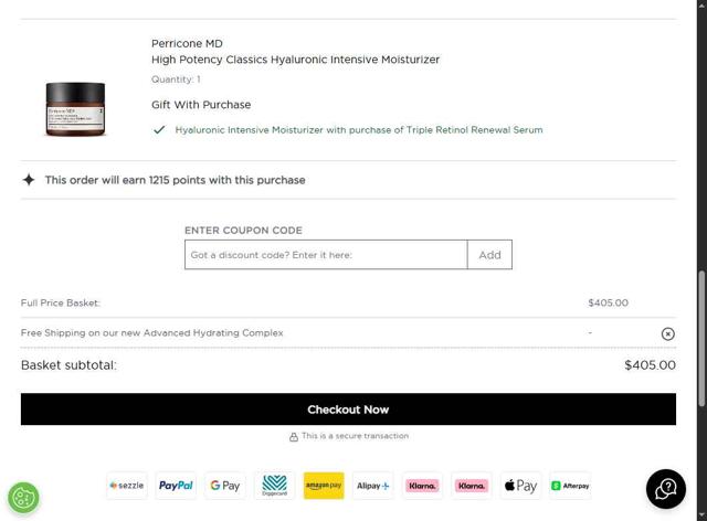 Perricone MD checkout page showing Perricone MD coupon code box | Screenshot taken by SimplyCodes community member on Aug 10, 2025