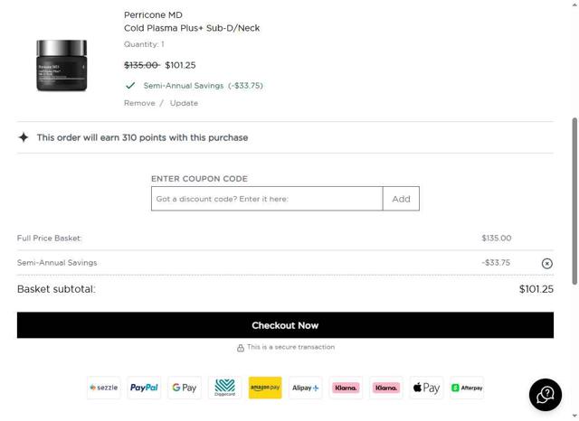 Perricone MD checkout page showing Perricone MD coupon code box | Screenshot taken by SimplyCodes community member on Aug 12, 2025